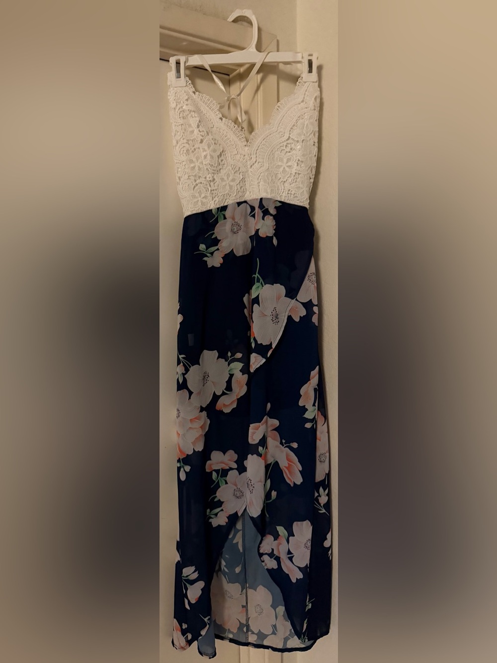 Fancyinn White Lace & Navy Floral Maxi Dress